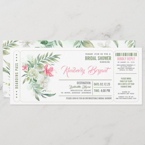Boarding Pass  Floral Beach Bridal Shower Ticket Invitation