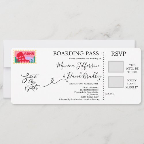 Boarding Pass for wedding in Rome Italy Invitation