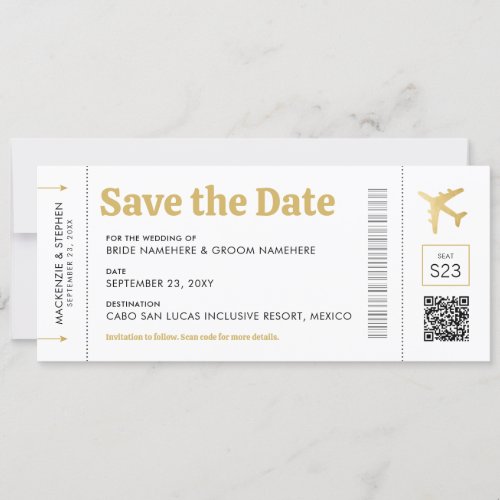 Boarding Pass Gold Destination Wedding  Save The Date
