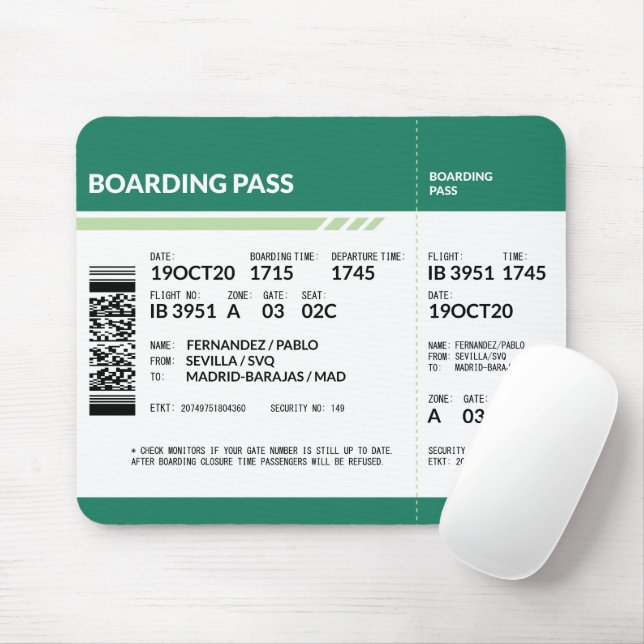 Boarding Pass - Green Mouse Pad (With Mouse)
