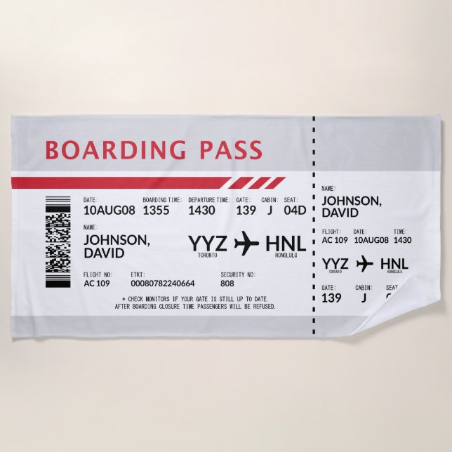 Boarding Pass - Grey Beach Towel (Front)
