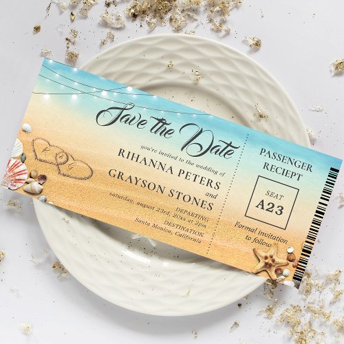 Boarding Pass Hearts in Sand Save the Date Invites