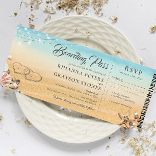 Boarding Pass Hearts in Sand Wedding Invitation