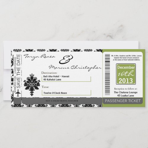 Boarding Pass Linen Wedding Invitation Black Green