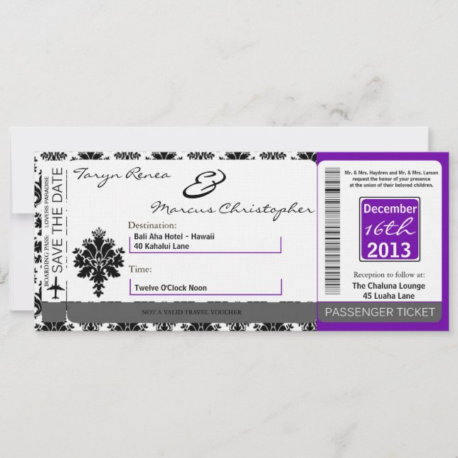 Boarding Pass Linen Wedding Invitation Black Purpl (Front)
