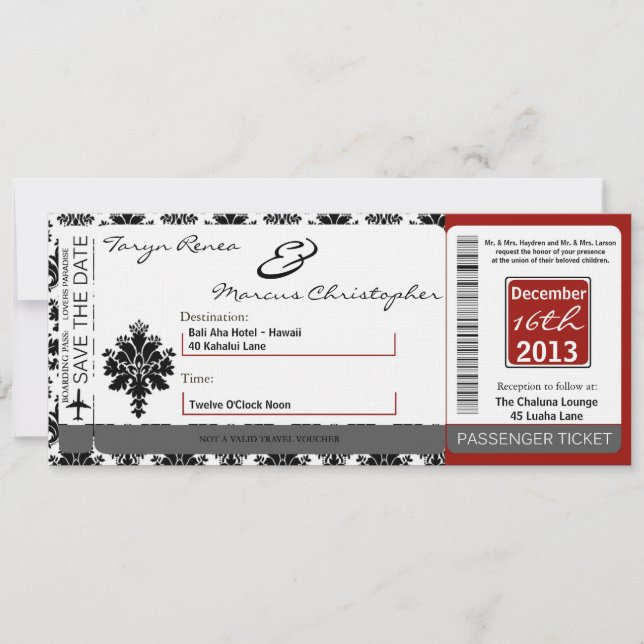 Boarding Pass Linen Wedding Invitation Black Red (Front)