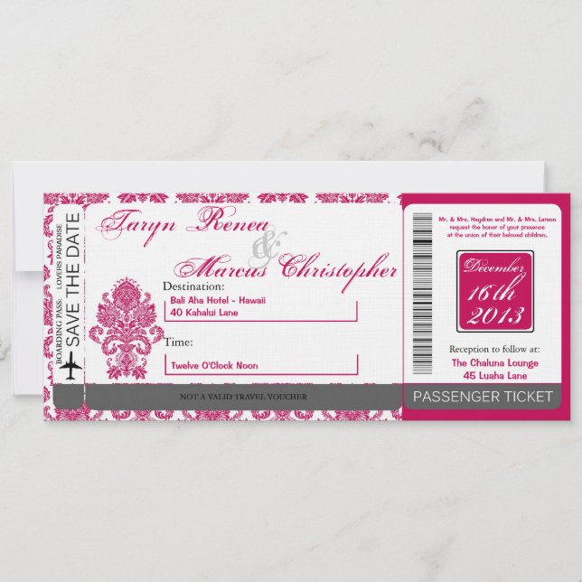 Boarding Pass Linen Wedding Invitation Damask Fusi (Front)