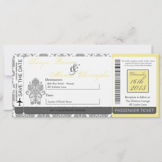 Boarding Pass Linen Wedding Invitation Damask Gray (Front)