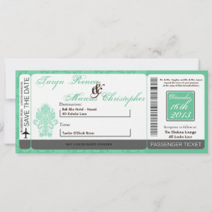 Boarding Pass Linen Wedding Invitation Damask Mint