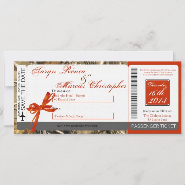 Boarding Pass Linen Wedding Invitation Hunters Cam (Front)