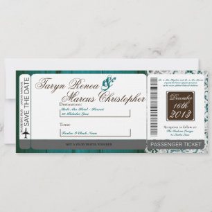 Boarding Pass Linen Wedding Invitation Teal Wood