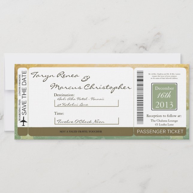 Boarding Pass Linen Wedding Invitation Vintage (Front)