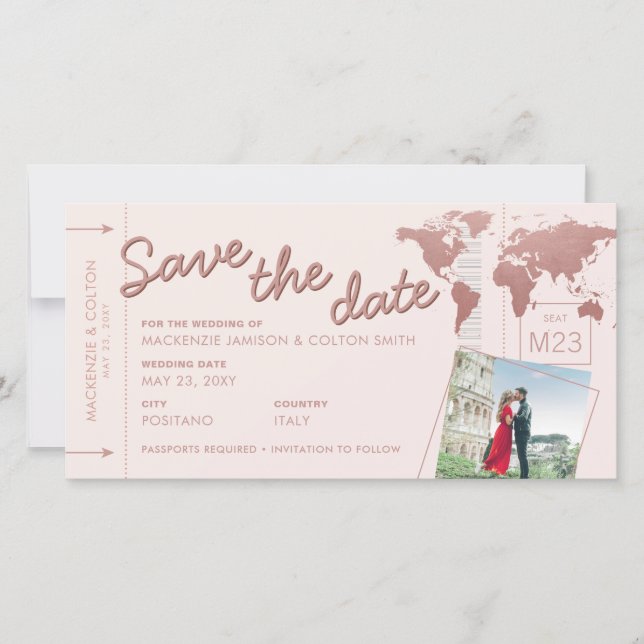 Boarding Pass Map Blush Rose Gold Save the Date (Front)