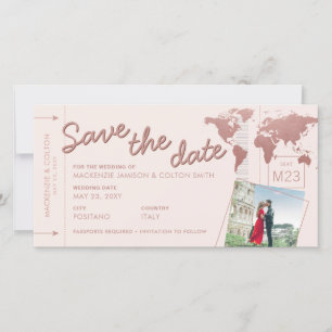 Boarding Pass Map Blush Rose Gold Save the Date