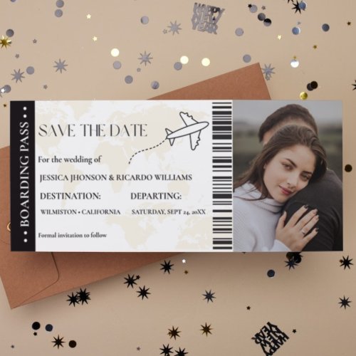 Boarding pass monogram save the date ticket
