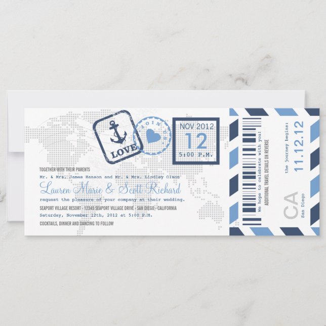 Boarding Pass Nautical Airmail Ticket Invitation (Front)