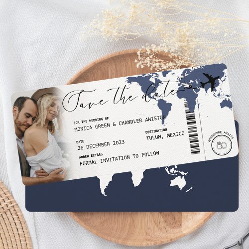 Boarding Pass Navy Blue Map Photo Save the Date
