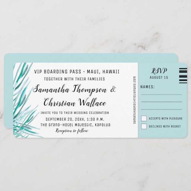 Boarding Pass Palm Tropical Destination Wedding  Invitation (Front/Back)