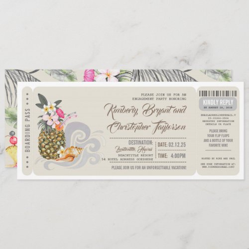 Boarding Pass  Pineapple  Beach Engagement Party Invitation