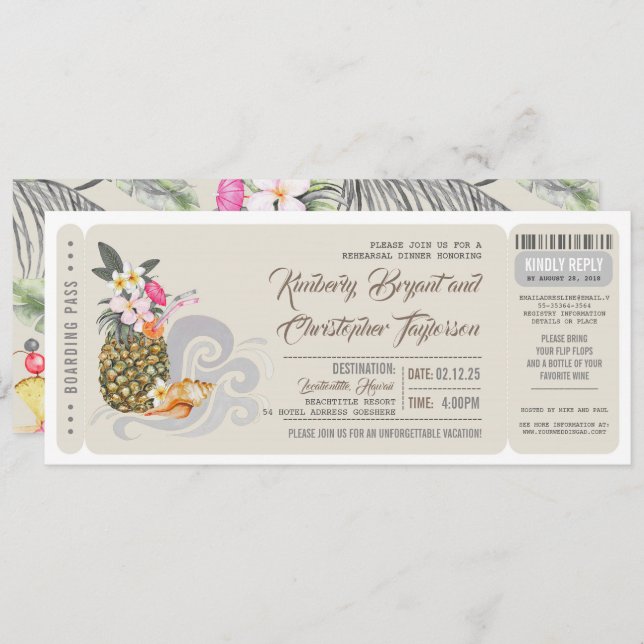 Boarding Pass | Pineapple | Beach Rehearsal Dinner Invitation (Front/Back)
