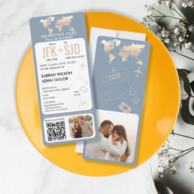 Boarding Pass Plane Ticket Destination Wedding Invitation (dusty blue vertical boarding pass wedding invitation with golden world map and a photo)