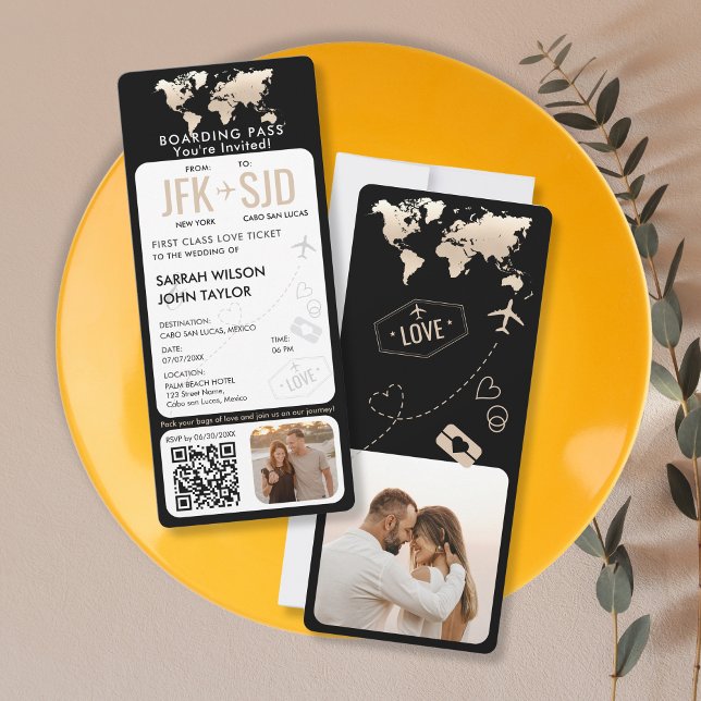 Boarding Pass Plane Ticket Destination Wedding Invitation (black vertical boarding pass wedding invitation with golden world map)
