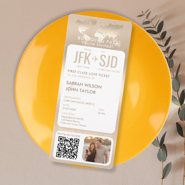 Boarding Pass Plane Ticket Destination Wedding Invitation (modern elegant gold boarding pass wedding invitation with a photo and qr code)