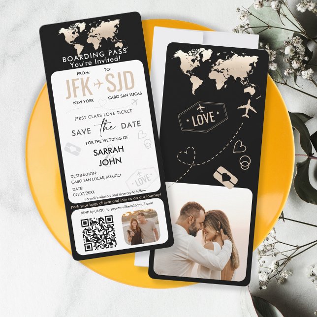 Boarding Pass Plane Ticket Destination with Photo Invitation (black and gold boarding pass save the date with photo and qr code)