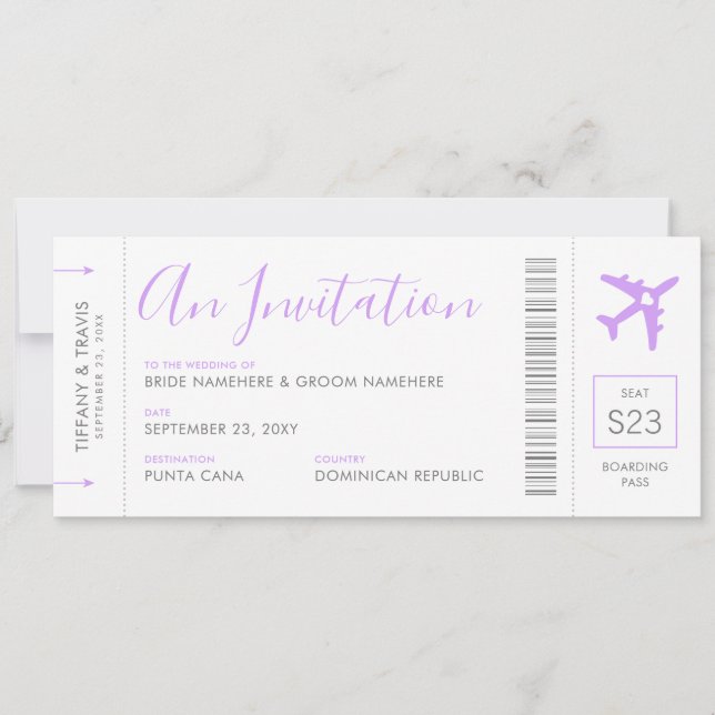Boarding Pass Plane Ticket Lilac Travel  Invitation (Front)