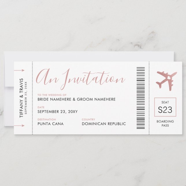 Boarding Pass Plane Ticket Pink Wedding Invitation (Front)