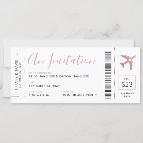 Boarding Pass Plane Ticket Pink Wedding Invitation