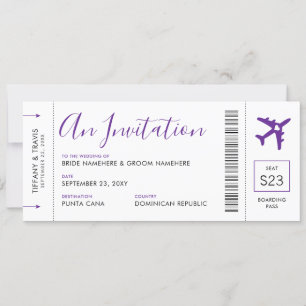 Boarding Pass Plane Ticket Purple Travel Wedding Invitation