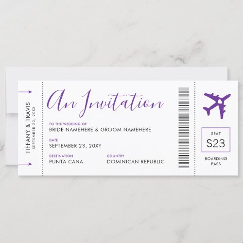 Boarding Pass Plane Ticket Purple Travel Wedding  Invitation