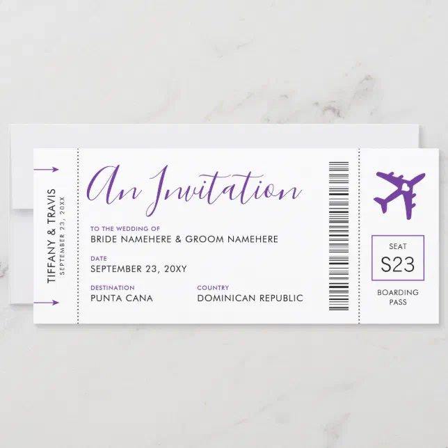 Boarding Pass Plane Ticket Purple Travel Wedding Invitation | Zazzle