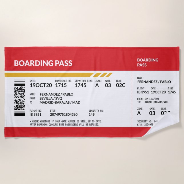 Boarding Pass - Red Beach Towel (Front)