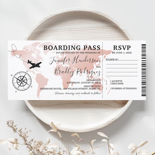 Boarding Pass Rose Gold Wedding World Map Invitati Invitation