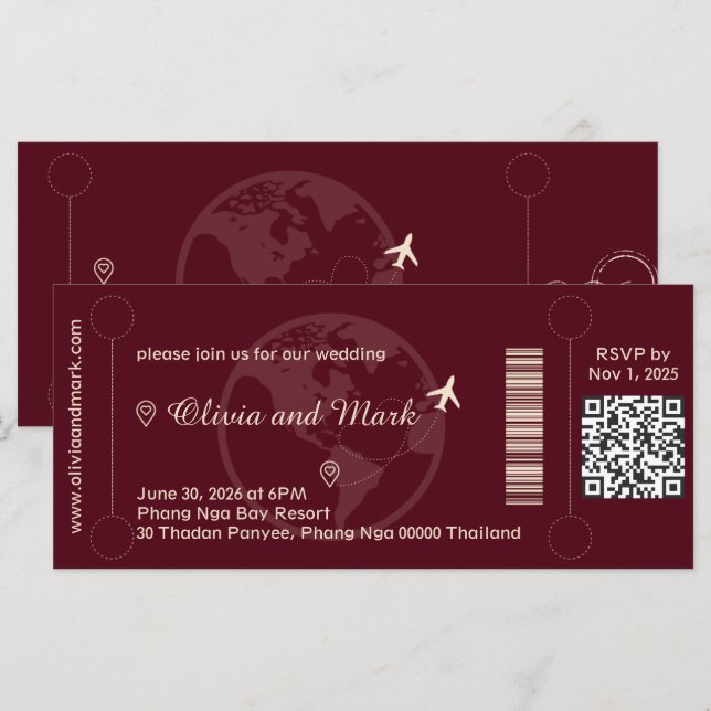 Boarding Pass RSVP Card – Burgundy & Champagne (Front/Back)