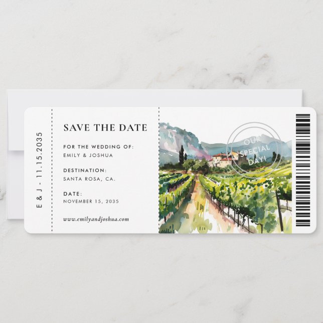 Boarding Pass Rustic Winery Landscape Wedding Save The Date (Front)