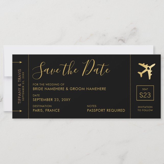 Boarding Pass Save the Date Black Gold Heart Plane Announcement (Front)