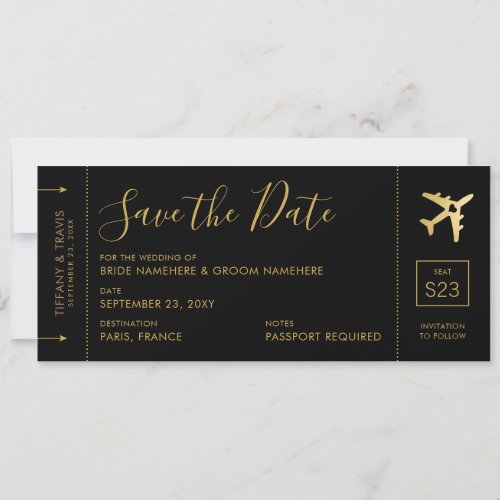 Boarding Pass Save the Date Black Gold Heart Plane Announcement