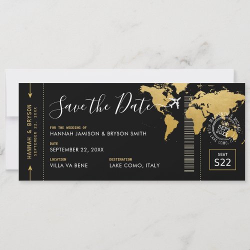 Boarding Pass Save the Date Black World Map Invitation