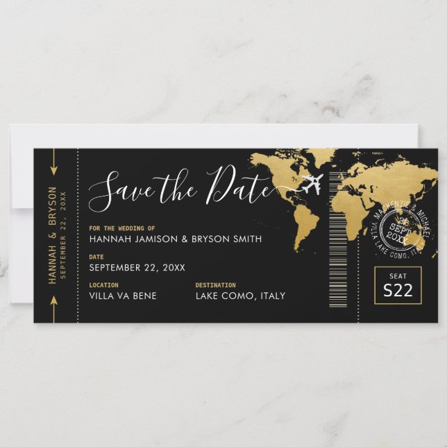 Boarding Pass Save the Date Black World Map Invitation (Front)