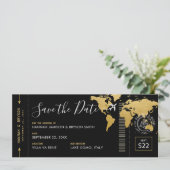 Boarding Pass Save the Date Black World Map Invitation (Standing Front)