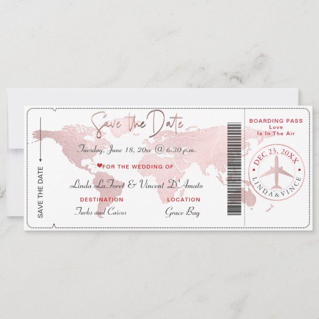 Boarding Pass Save the Date, Blush World Map Invitation (Front)
