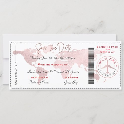 Boarding Pass Save the Date Blush World Map Invitation