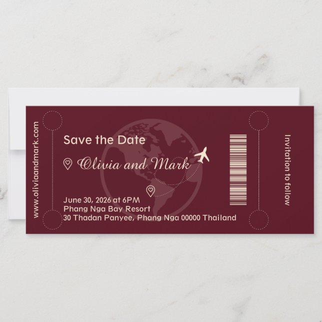 Boarding Pass Save the Date – Burgundy & Champagne (Front)