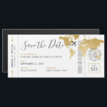 Boarding Pass Save the Date Gold Map  Magnetic Invitation<br><div class="desc">Magnetic Boarding Pass Save the Date Card for a Destination Wedding or Travel Theme Reception with a faux gold world map, romantic airplane with a heart wedding logo, and personalized wedding passport stamp design with your names, wedding date, and location. The template has fonts, text, and colors that are editable...</div>