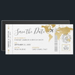 Boarding Pass Save the Date Gold Map  Magnetic Invitation<br><div class="desc">Magnetic Boarding Pass Save the Date Card for a Destination Wedding or Travel Theme Reception with a faux gold world map, romantic airplane with a heart wedding logo, and personalized wedding passport stamp design with your names, wedding date, and location. The template has fonts, text, and colors that are editable...</div>
