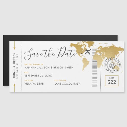 Boarding Pass Save the Date Gold Map  Magnetic Invitation