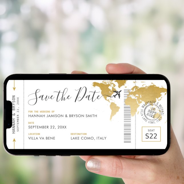 Boarding Pass Save the Date Gold World Map Invitation (Front Digital)